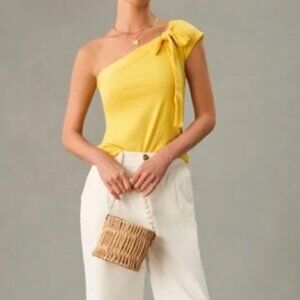 Anthropologie Maeve One-Shoulder Bow Blouse Top Solid Yellow Beach XL